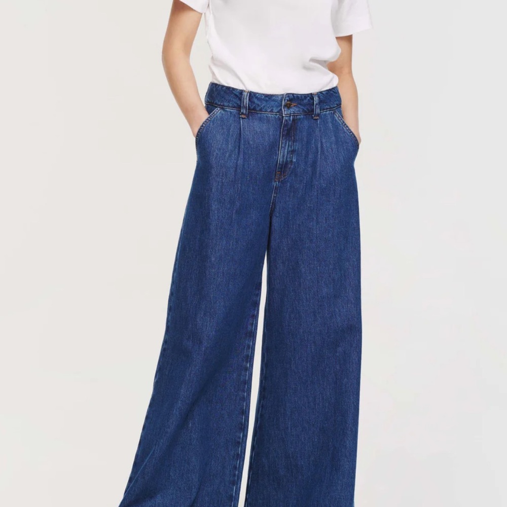 NWT Aligne Martha Pleat Front Wide Leg Med Dark Wash Denim Jeans 28